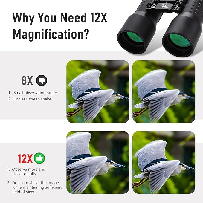 12x42 HD Binoculars for Adults, Professional Large View Binoculars with Clear Low Light Vision, Waterproof for Bird Watching, Hunting, Travel, Hiking, Sports, Concerts