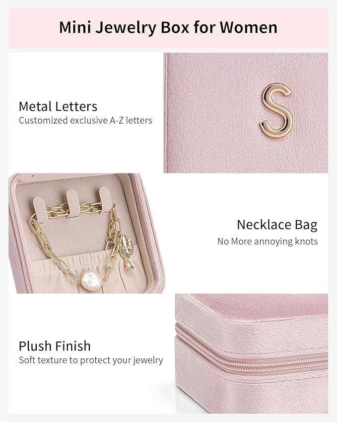 Vlando Travel Jewelry Box for Girls Women, Initial Jewelry Organizer Box Travel Must Haves Jewelry Case for Girls, Necklace Earrings Ring Box Travel Gifts for Sister Daughters - Letter R, Pink