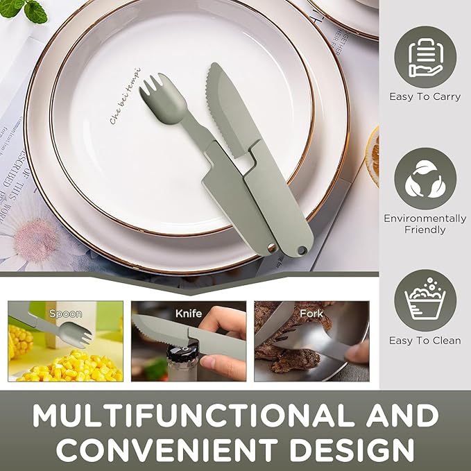 Kopak 2 in 1 Camping Eating Utensils Set,Reusable Magnetic Camping Utensils Set,Portable Detachable Pocket Combination Knife,Fork and Spoon Tool for Fishing Travel Outdoor Survival