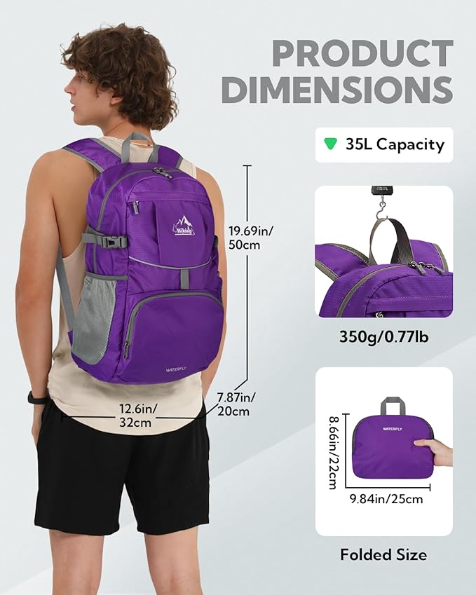WATERFLY Hiking Foldable Daypack Backpack: 25L Ultra Lightweight Packable Waterproof Outdoor Travel Day Pack for Woman Man
