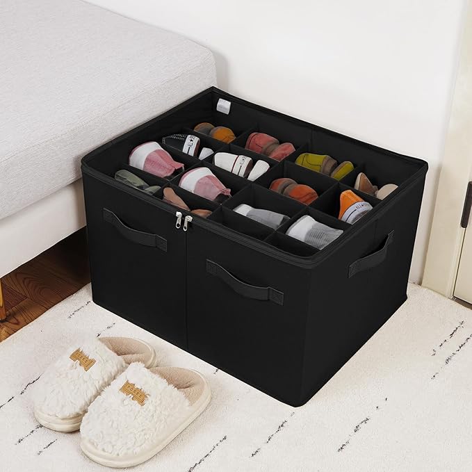 Shoe Organizer for Closet, Foldable Shoe Box with Adjustable Dividers and Clear Cover, Space Saving Shoe Storage Organizer Cabinet with Reinforced Handles, Fits 16 Pairs, Black, TP09B