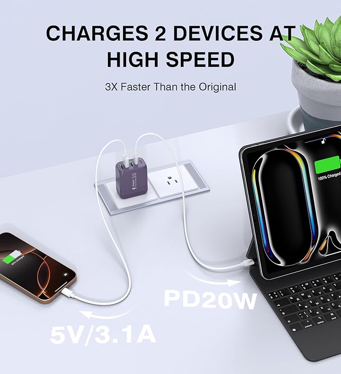 50W 2-Pack USB C Wall Charger Block, 5-Port C Charger Fast Charging Block PD Power Adapter +QC 3.0 Multiport Type C Box Brick Cube USB A Wall Plug for iPhone 16/15/14/13 Pro Max,Samsung Galaxy(Purple)