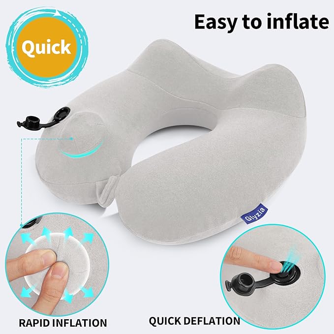 2 Pack Inflatable Travel Neck Pillows for Airplanes, Head Support Velvet Adult Neck Pillows for Long Flight, Kit with Eye Mask, Earplugs and Storage Bag, 2, Light Gray