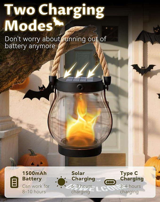 Kaliqo Solar Lantern Outdoor Lights - Official, Waterproof Kaligo Solar Flame Lights Hangable with Dancing Flame, Hemp Rope Hanging Flame Lanterns,Dual Charging Modes, Smokeless (5pcs)