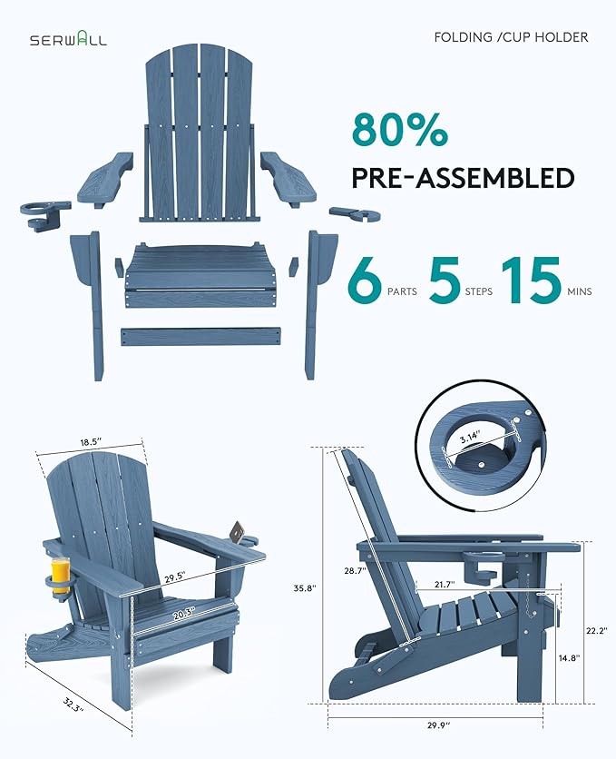 SERWALL Folding Adirondack Chair, HDPE Adirondack Chairs Set of 2, Plastic Outdoor Chairs- Looks Exactly Like Real Wood- Navy
