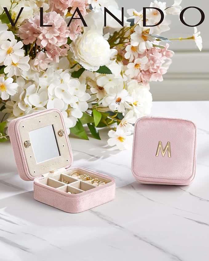 Vlando Velvet Travel Jewelry Case, Jewelry Travel Box for Women, Travel Jewelry Organizer, Small, Portable Jewelry Boxes with Mirror - Pink