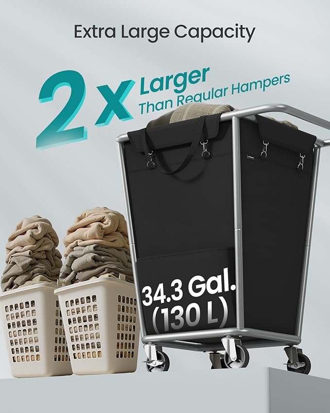 SONGMICS Laundry Basket with Wheels, 34.3 Gallons (130 L) Rolling Laundry Hamper with Removable Bag, Heavy-Duty Steel Frame, Ink Black URLS008B01