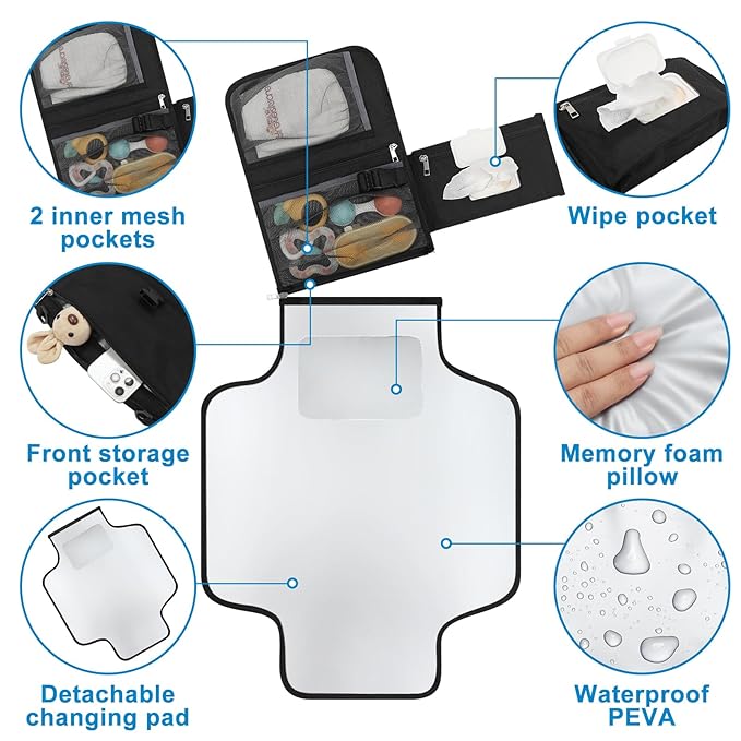 Accmor Portable Diaper Changing Pad, Waterproof Travel Baby Changing Mat, Newborn Essentials Baby Shower Gifts, Black