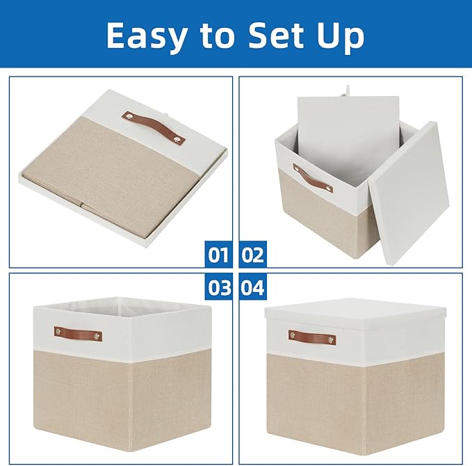 Temary Fabric Storage Bins with Lids 13 Inch Storage Cubes with Lid, Decorative Foldable Storage Boxes for Clothes, Closet Organizers (White&Khaki, 13x13x13inch)
