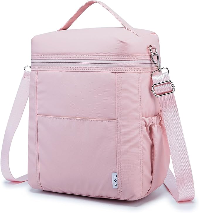 NOL Natural Organic Lifestyle Insulated Lunch Bags for Women Cooler Bag Lightweight Nylon Waterproof Lunch Box For Work (Pink, Large)