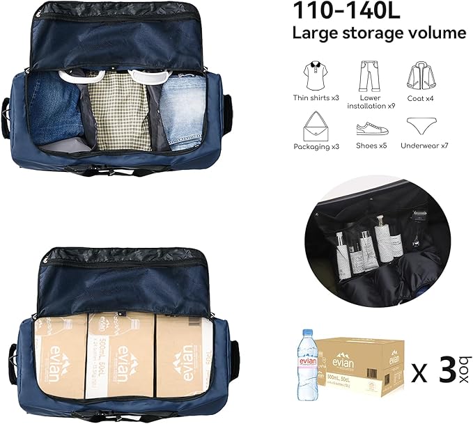 Rolling Duffle Bag with Wheels,110L/140L Expandable Soft-Sided Foldable Duffle Bag with 2 Rubber Wheels,Packable 32” Rolling Carry-On with Multi-Pockets & Compartments (Blue)