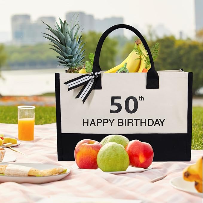 TOPDesign Embroidery Canvas Tote Bag for Women, 50th Birthday Gifts for Her, Wife, Mom, Sister, Daughter, Aunt, Best Friend, Coworker, Turning 50 Years Old Present, Personalized Bag for Beach, Holiday