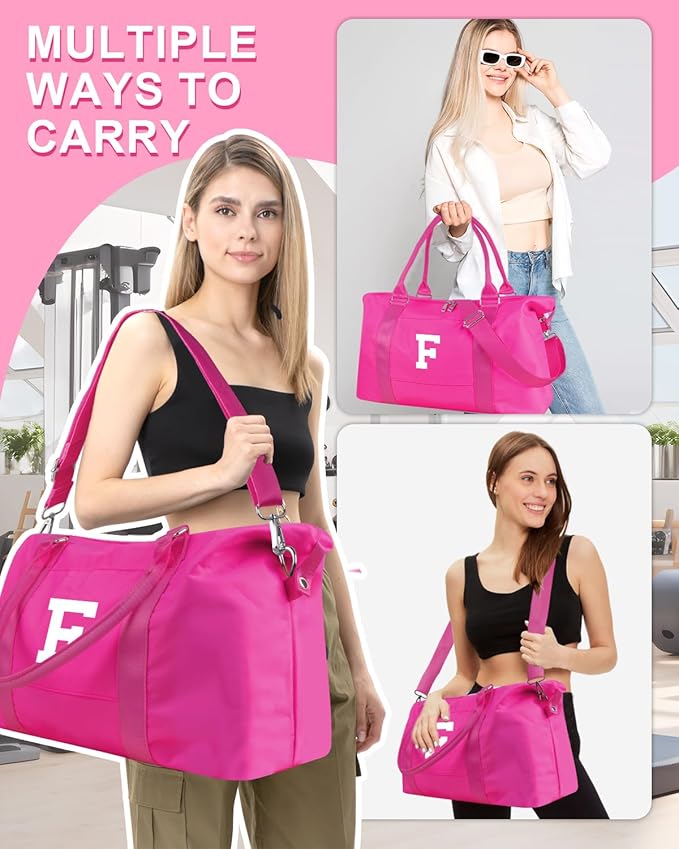 Overnight Bag for Kids Teen Girls Weekender Dance Bag Birthday Graduation Gifts,Initial Travel Duffel Bag Sports Gym Bag Personalized Weekender Bag Carry On Bags Preppy Gifts for Women(Hot Pink, F)