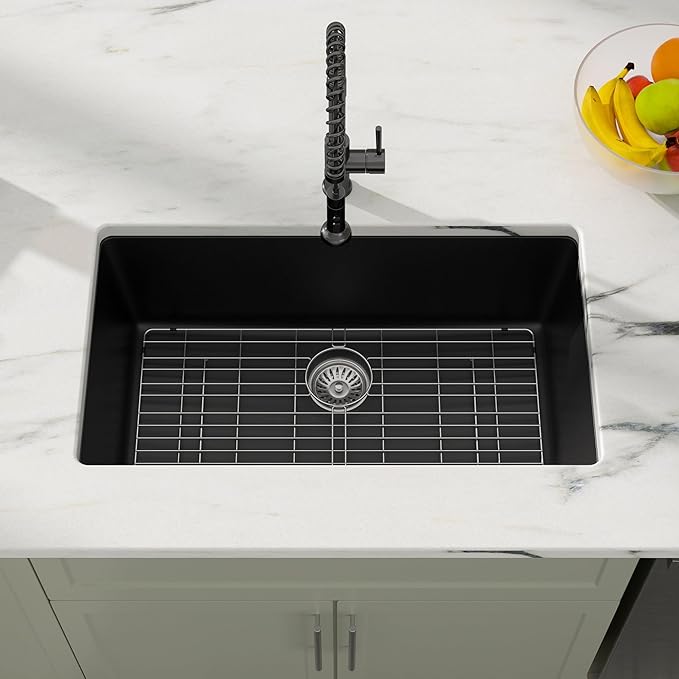 Dcolora 33 Inch Granite Composite Kitchen Sink, Black Undermount Kitchen Sinks Deep Single Bowl, 33"x19", Round Corner, DC-GU7749