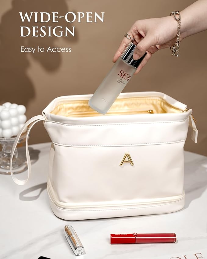 Gifts for Girls, Initial Large Makeup Bag, Personalized Double Layer Cosmetic Bag with Makeup Brush Organizer, PU Leather Travel Toiletry Bag Gift For Daughter, Preppy Things For Girls
