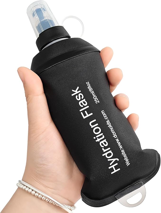 GYGYL Soft Flask, TPU Collapsible Soft Water Bottle for Hydration Pack, Running Vest, Leak-Proof Folding Water Bottle for Hiking Cycling Climbing Jogging-250ml Black