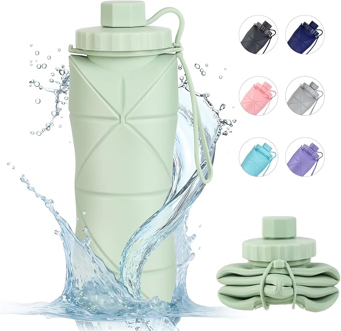 YCT Collapsible Silicone Travel Water Bottle 20oz (600ml), Reuseable Leakproof BPA Free Foldable Sports Bottle, with Carrying Strap, Green
