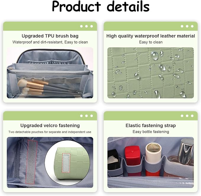Travel Makeup Bag Organizer Cosmetic Bag: 3 Pcs Set Make up Bags for Women with Handle - Waterproof Vegan Leather Toiletry Bags with Comparments (C-06-Green)