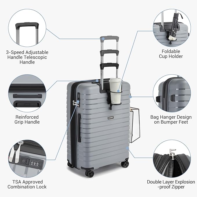 Kono 20 Inch Expandable Carry On Luggage with Spinner Wheels, Durable Hardside Luggage with Hidden Cup Holder, Lightweight Hard Shell Carry On Suitcase Airline Approved with TSA Lock(Light Grey)