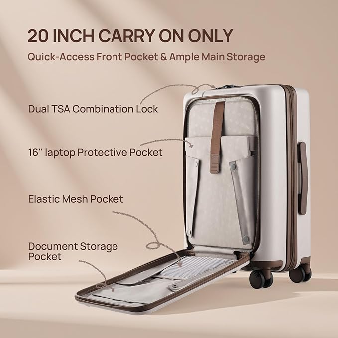 NINETYGO Carry On Luggage 22x14x9 Airline Approved, 20 Inch Suitcase with Front Compartment & Cup Holder, Coffee-Infused PC Hard Shell, Eco-Friendly, TSA Lock, 360° Spinner Wheels (Latte)
