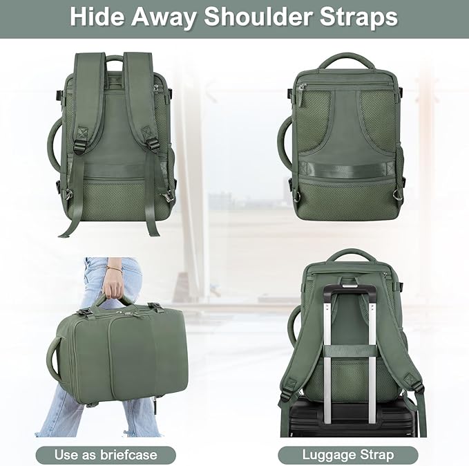 Travel Backpack, Carry on Flight Approved Backpack with Multi-Pockets, TSA Waterproof 17.3inch Laptop Backpack, Personal Item Travel Bag for Men Women, Army Green