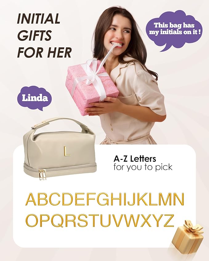 Personalized Makeup Bags， Personalized Bags with Handle, Waterproof Double Layer Cosmetic Bag, Large Capacity PU Leather Makeup Bags Letter Travel Toiletry Bag with Makeup Brush Organizer
