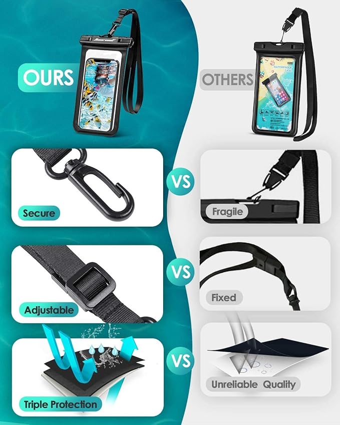 Hiearcool Waterproof Phone Pouch, Waterproof Beach Bag Compatible for iPhone 16 15 14 13 Pro Max, IPX8 Cellphone Travel Essentials for Beach -Black & Sky Blue-2Pack