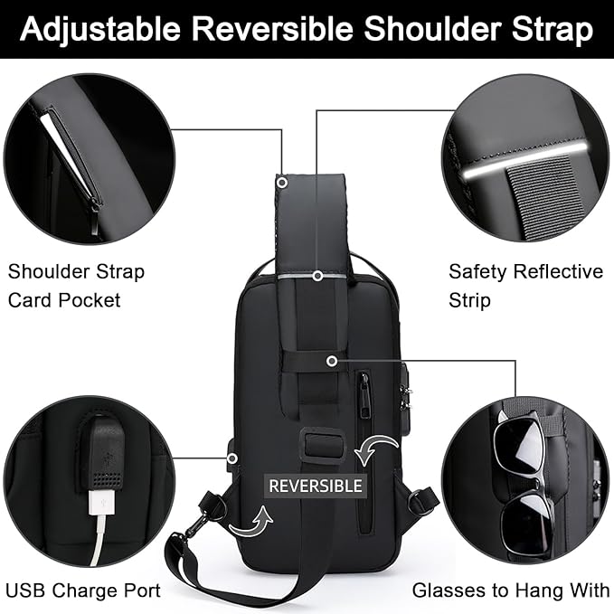 Sling Bag for Men Anti-theft USB Crossbody Shoulder Backpack Purse Waterproof PU Leather Chest Bag Travel Daily Use