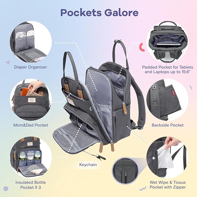 RUVALINO Diaper Bag Backpack, Multifunction Travel Pack Maternity Baby Changing Bags, Large Capacity, Waterproof, Dark Gray