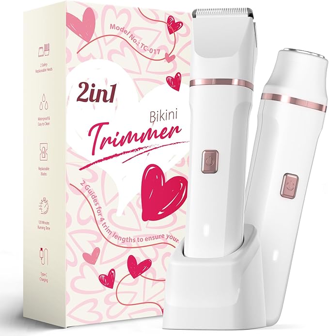 Pubic Hair Trimmer Women - 2-in-1 Electric Bikini Shaver & Facial Hair Remover, Waterproof Body Groomer with Ceramic Blades, USB-C Fast Charging Dock, Cordless Razor for Women's Sensitive Skin (White)