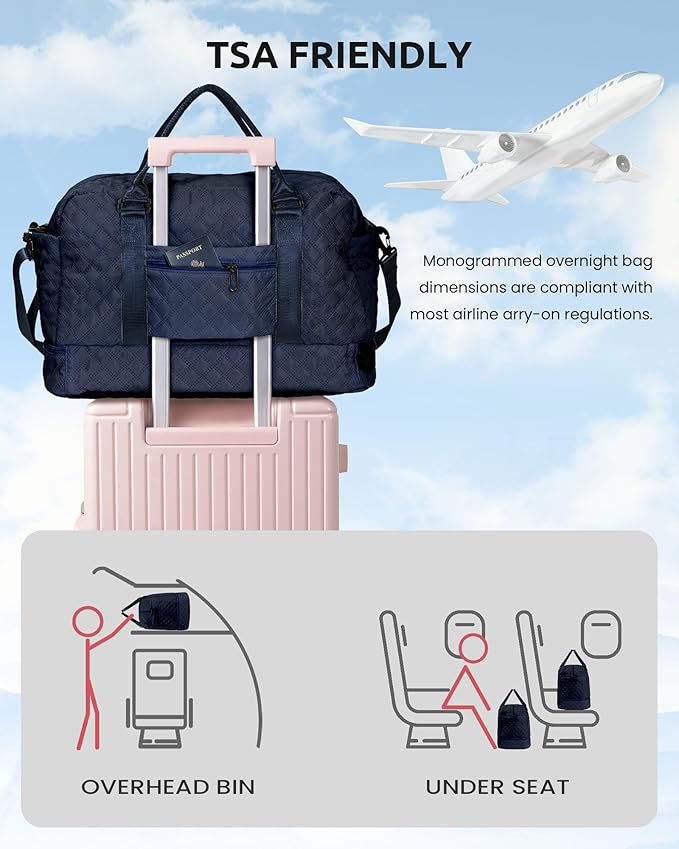 Initial Duffle with Shoe Compartment, Personalized Weekender Bag with Shoulder Strap, Overnight Travel Bag with Makeup Pouch for Women (Letter E)