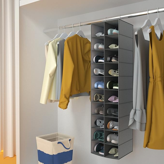coastal rose Hanging Shoe Organizer for Closet, 20 Sections Hanging Closet Organizer and Storage Shelves, Space Saving Shoe Rack for Closet, Grey, 12''W×12''Dx 50''H