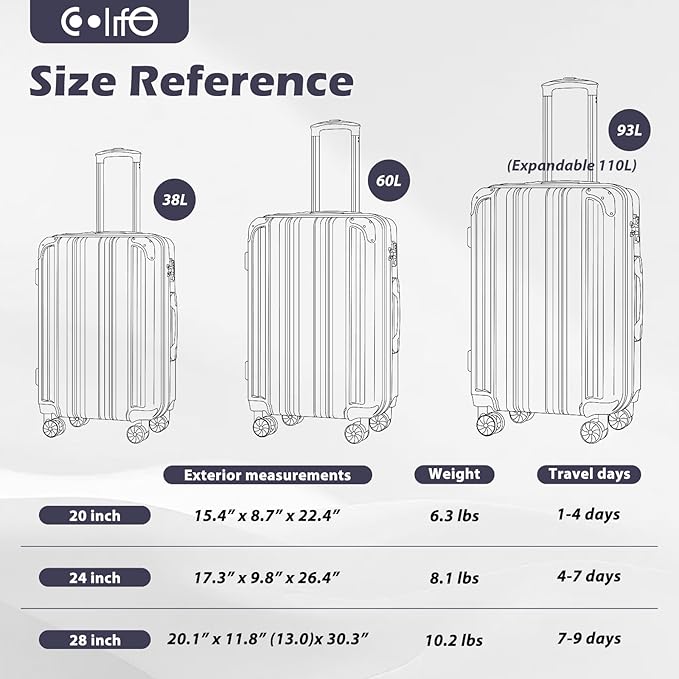 Coolife Luggage Expandable(only 28") Suitcase PC+ABS Spinner 20in 24in 28in Carry on (white grid new, M(24in))