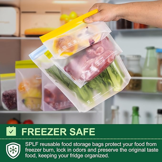 SPLF 10 Pack Stand-Up Reusable Snack Bags Dishwasher Safe, BPA Free Food Storage Bags, Extra Thick Leakproof Freezer Bags Silicone Snack Pouch For Candy, Fruits, Cereal, Home Organization