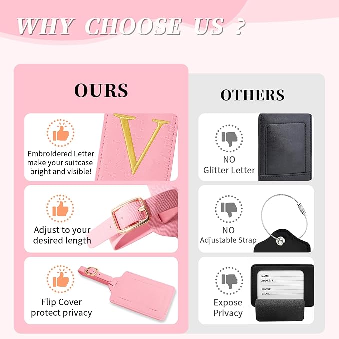 Personalized Initial Luggage Tags for Suitcase, Pink Leather Cute Luggage Tags with Privacy Cover Name Card, Embroidered Custom Monogrammed Luggage Tag Travel Bag Baggage Tags Gifts for Women Kids(V)