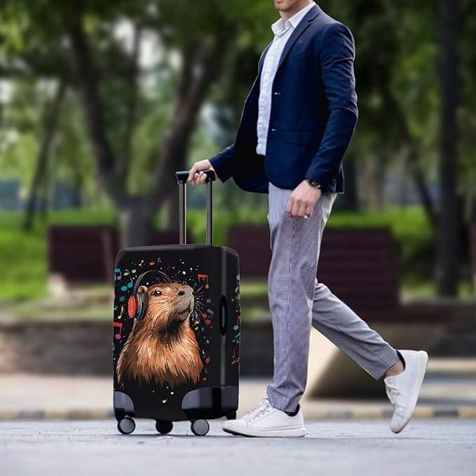 Capybara Luggage Cover Fits 18-21 Inch Luggage Anti-Scratch Spandex Zipper Suitcase Cover Protector Washable Stretchable Travel Baggage Case Cute Travel Essential, Music Note, Size S