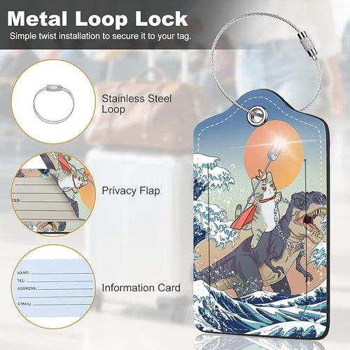 2Pack Luggage Tags for Suitcases, Cute Unique Pu Leather Cruise Luggage Tag with Privacy Cover ID Label Address Card and Metal Ring Suitable for Women Men Kids Travel Bag Dinosaurs and Cats