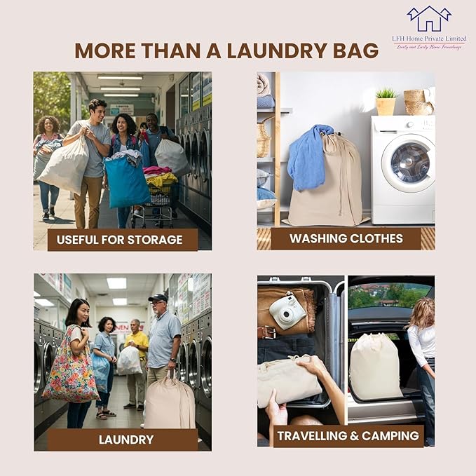 LFH Home Large Premium 100% Cotton Canvas Laundry Bag with Drawstring and Handles Heavy Duty, Multi-Use, and Washable for Home, Travel, College or Storage 24x36 (Pack of 4)-Natural