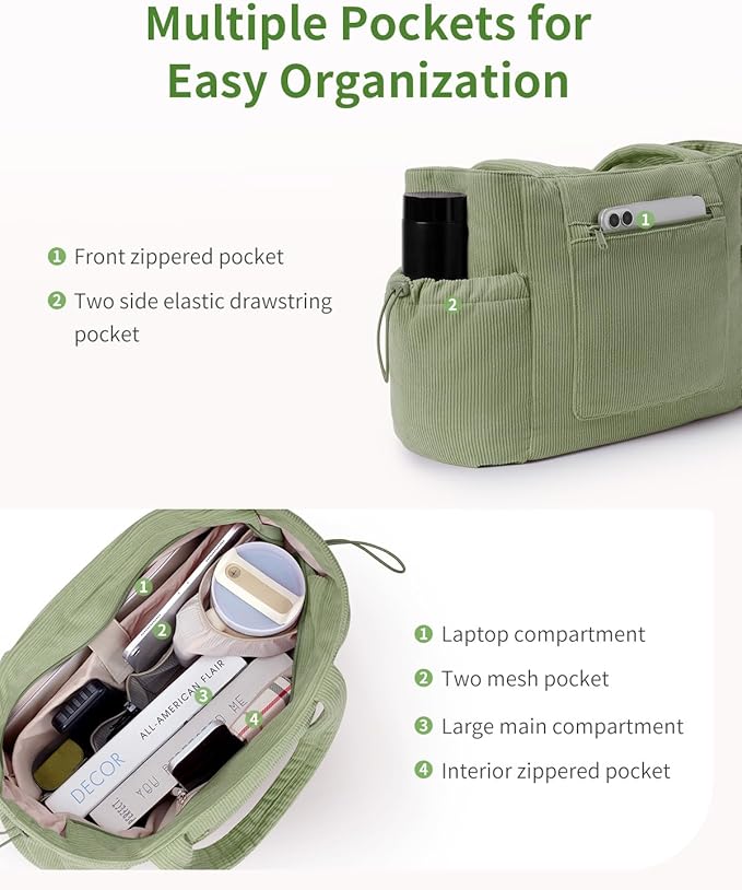 ECOHUB Tote Bag for Women, Work Tote Bags with Laptop Compartment, Large Corduroy Tote Bag with Stanley Cup Holder