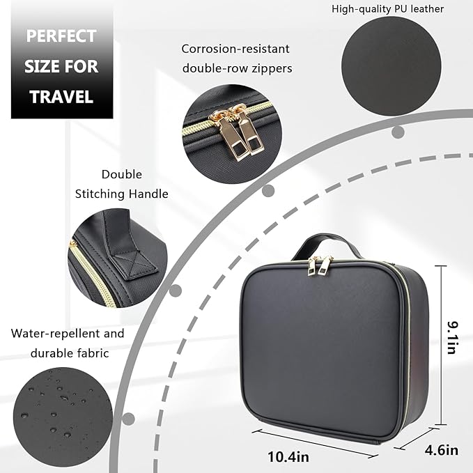 Travel Makeup Bag with LED Lighted Mirror, Travel Makeup Organizer,3 Color Setting Cosmetic Makeup Box, Adjustable Dividers and Brush Holder（black）