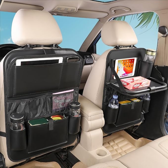Leather Car Backseat Organizer with Tablet Holder - 9 Large Storage Pockets, Foldable Food Tray & Anti-Scratch Kick Mats - Universal Car Seat Protector for Kids, Pets & Travel Accessories 1 Pack