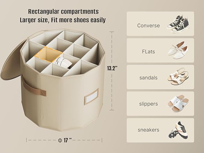 Vailando Shoe Organizer for Closet - Cylindrical Shoe Storage Organizer with Removable Dividers, Rectangular Compartment, Foldable, Beige, 1-Pack