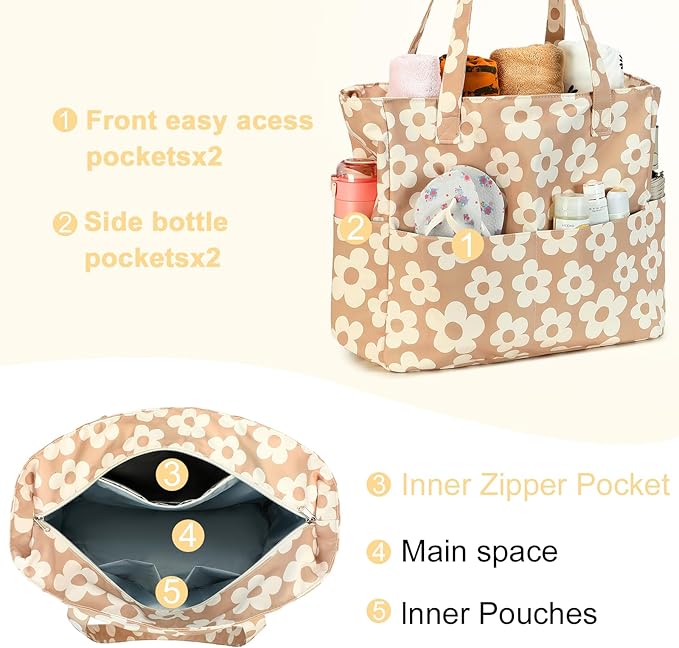 LEDAOU Large Beach Tote Bag Women Waterproof Sandproof Zipper Beach Tote Bag for Pool Gym Grocery Travel with Wet Pocket