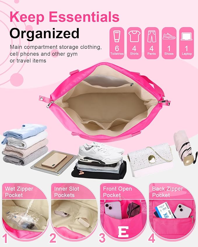 Overnight Bag for Kids Teen Girls Weekender Dance Bag Birthday Graduation Gifts,Initial Travel Duffel Bag Sports Gym Bag Personalized Weekender Bag Carry On Bags Preppy Gifts for Women(Hot Pink, E)
