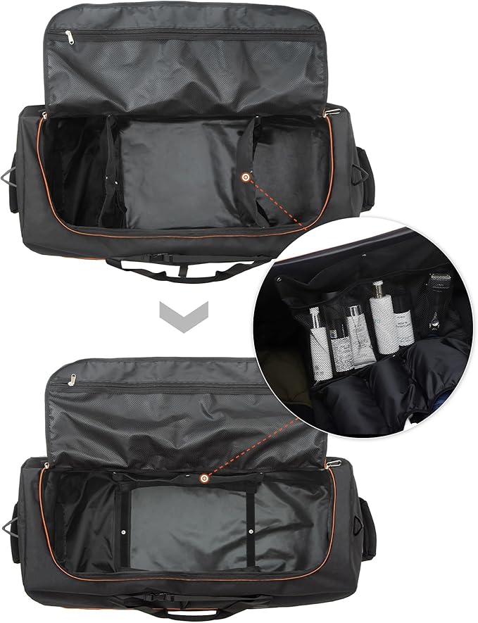 CONTAIL 32”110L Expandable 140L Rolling Duffle Bag with 2 Inline Wheels,Convertible Weekend Travel Bag with Bungee-Cord System,Black-orange