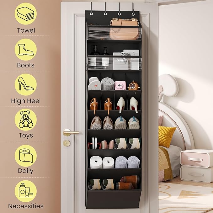 Over the Door Shoe Organizer for Closet, Shoes Rack with 8 Tier Large Deep Pockets, Hanging Shoe Organizers for Boot Storage, Behind the Door Narrow Shoe Holder for Small Shoes, Black