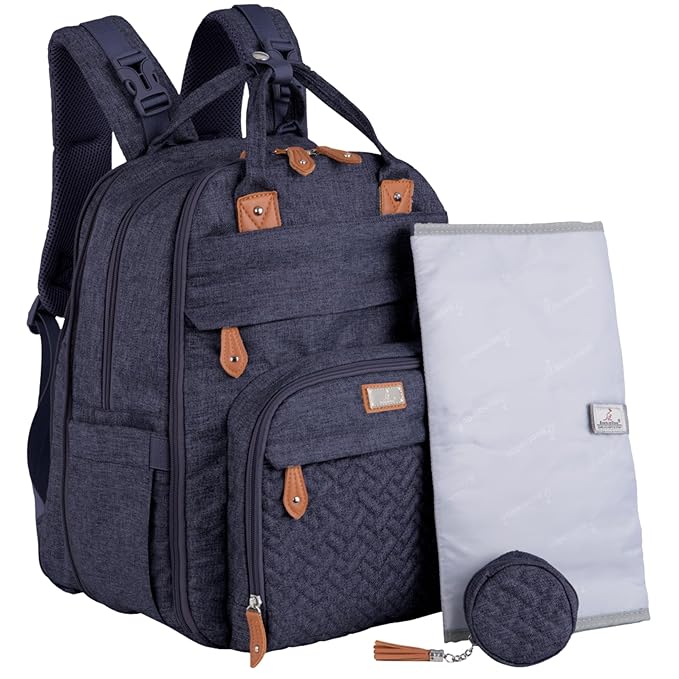 BabbleRoo Extra Large Diaper Bag Backpack, Expandable Baby Bag with Up to 50% More Capacity - Travel Essentials Baby Bag Tote with Changing Pad, Stroller Straps & Pacifier Case - Unisex, Denim Blue