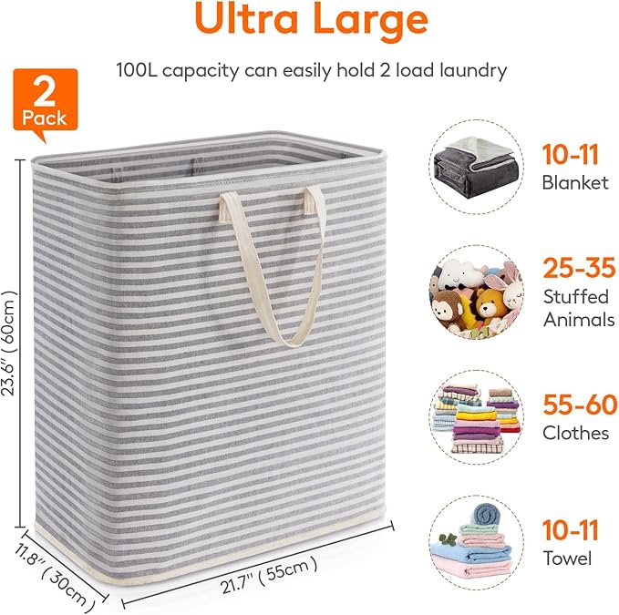 Lifewit 2 Pack Laundry Hamper Large Collapsible Laundry Baskets, Freestanding Waterproof Clothes Hamper with Easy Carry Handles in Laundry Room Bedroom Bathroom College Dorm for Adults, Gray, 2 x 100L