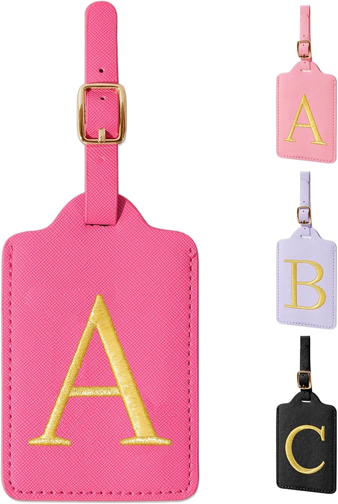 Personalized Initial Luggage Tags for Suitcase, Rose Red Leather Cute Luggage Tags with Privacy Cover Name Card, Embroidered Custom Monogram Luggage Tags Travel Backpack Tag Gifts for Women Kids(A)