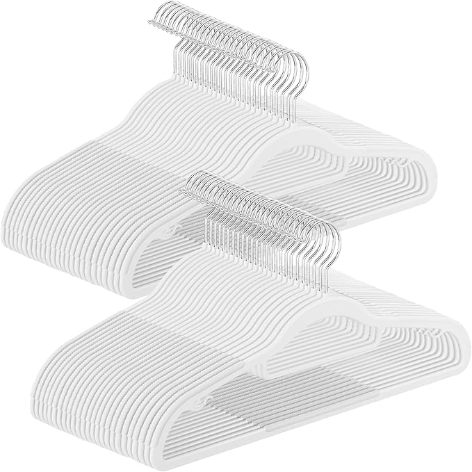 SONGMICS Pack of 50 Coat Hangers, Space-Saving Plastic Clothes Hangers, Non-Slip, 0.2 Inches Slim, 16.5 Inches Wide, 360° Swivel Silver Hook, White UCRP20WT50
